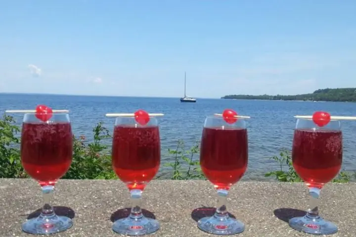 a glass of red wine sits next to a body of water