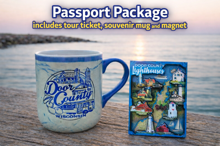 Mug and lighthouse magnet on table by water. Text: Passport Package includes tour ticket, souvenir mug and magnet.