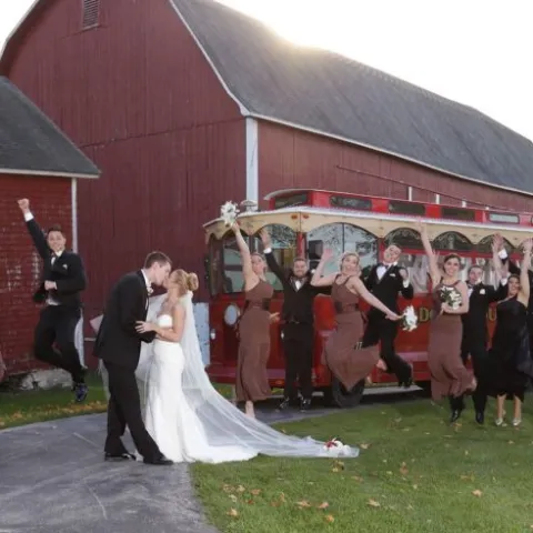 a group of people standing in front of a building